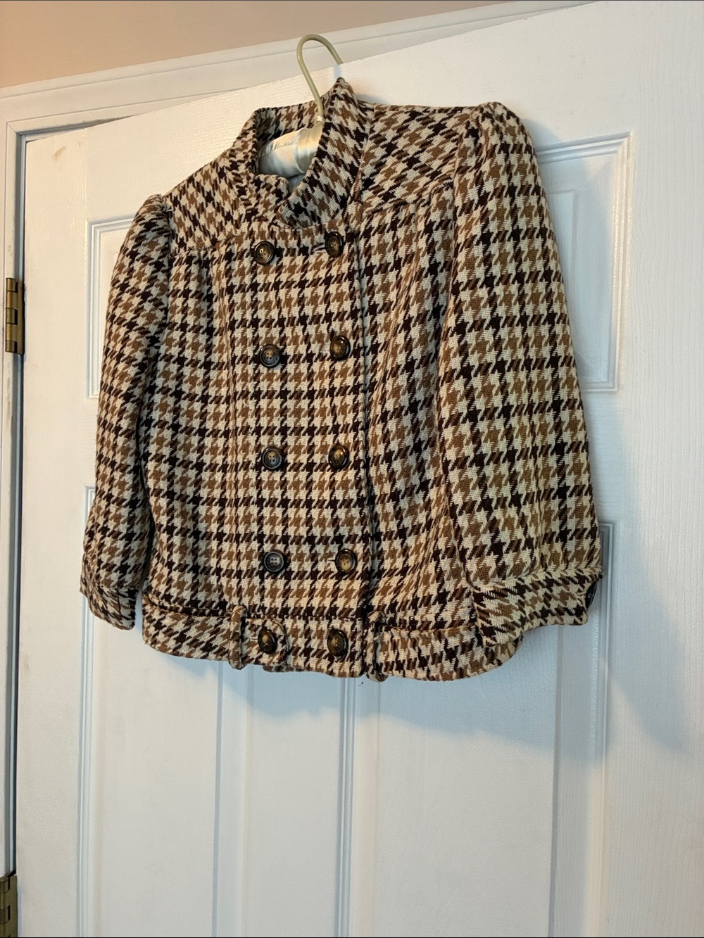 Forever 21 Girls Houndstooth Double-Breasted Pea Coat in Brown and Cream
